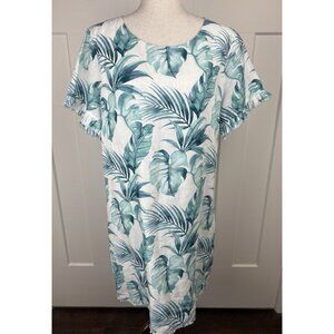 Tommy Bahama 100% Linen Tropical Leaf Dress L Large Teal Palm Print Lined Shift